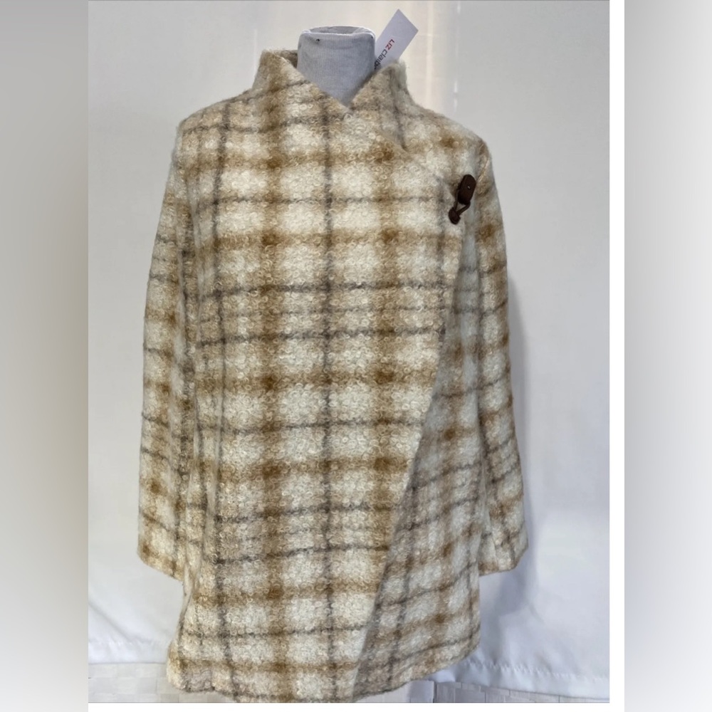 Liz Claiborne Womens Crossover Beige Plaid Loose Knit Soft Dress Coat size S